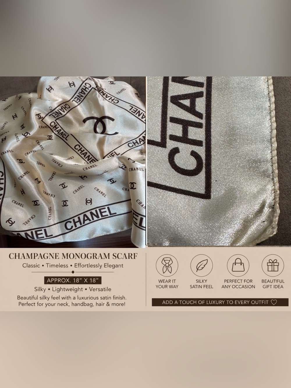 Champagne Color Designer-Inspired Monogram Scarf | 18” x 18” | Silky Satin Feel
